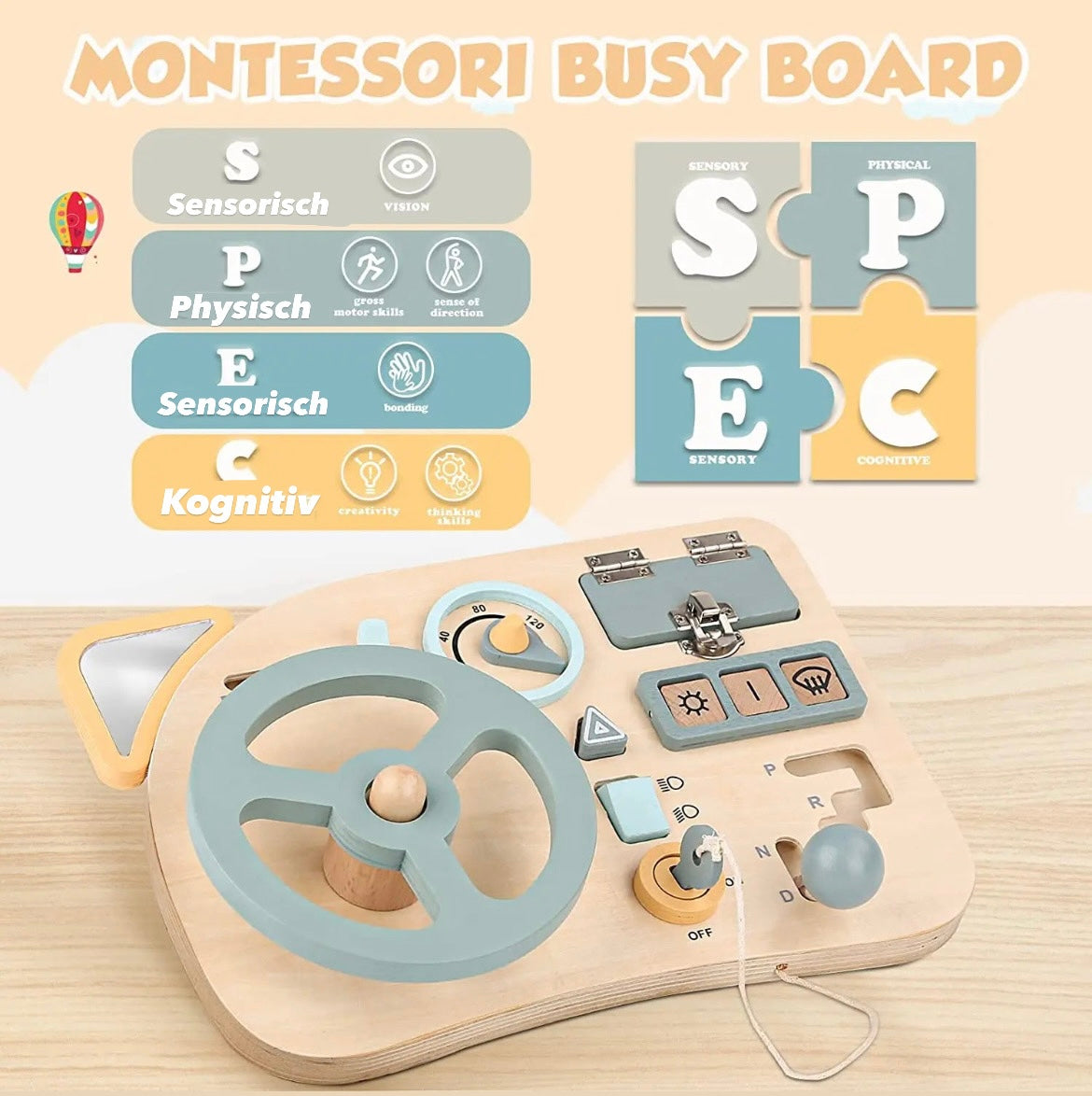 KidZoneStore™ Montessori Reise-Beschäftigungsbrett: Sensorisches Lernspielzeug aus Holz für Kleinkinder